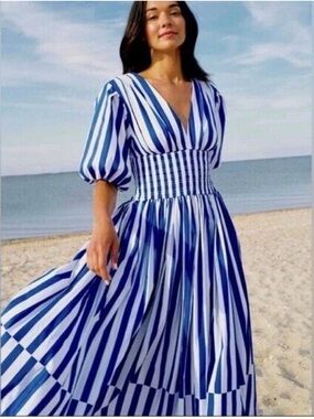 AYR Blue and White Striped V-Neck Maxi Dress